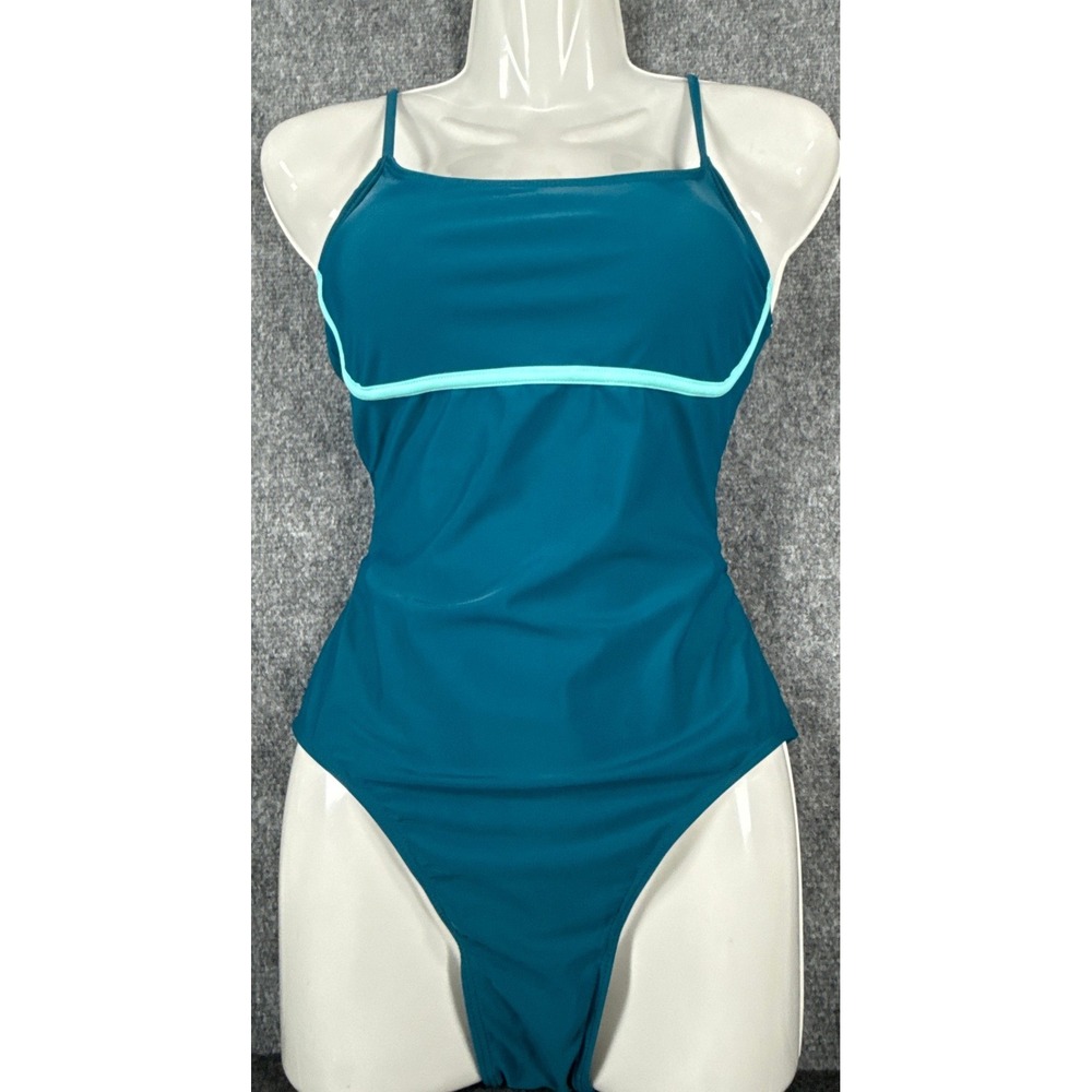 Womens Small Dark Teal Blue Mint Green Trim‎ One Piece Swimsuit NEW